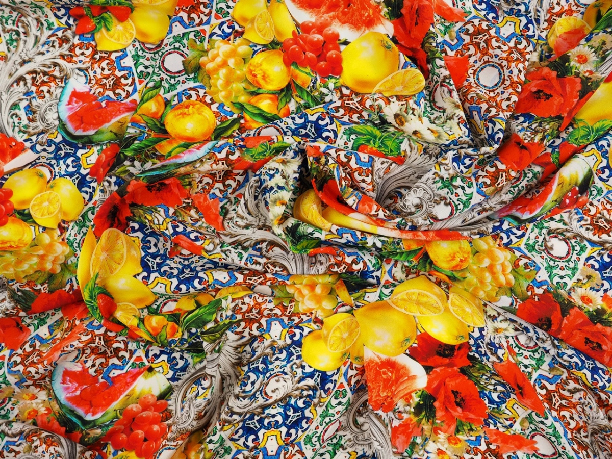 Jedwab krepa - Maki, cytryny, ornamenty Jedwab krepa - Maki, cytryny, ornamenty
