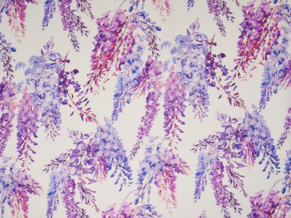 Jedwab szyfon - Fioletowe wisterie, białe tło Jedwab szyfon - Fioletowe wisterie, białe tło