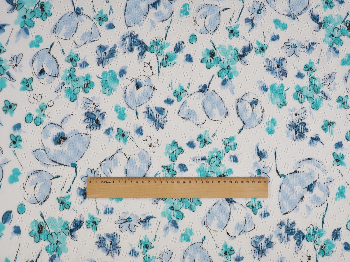 Bawełna ażurowa - Rysunkowe kwiaty błękit