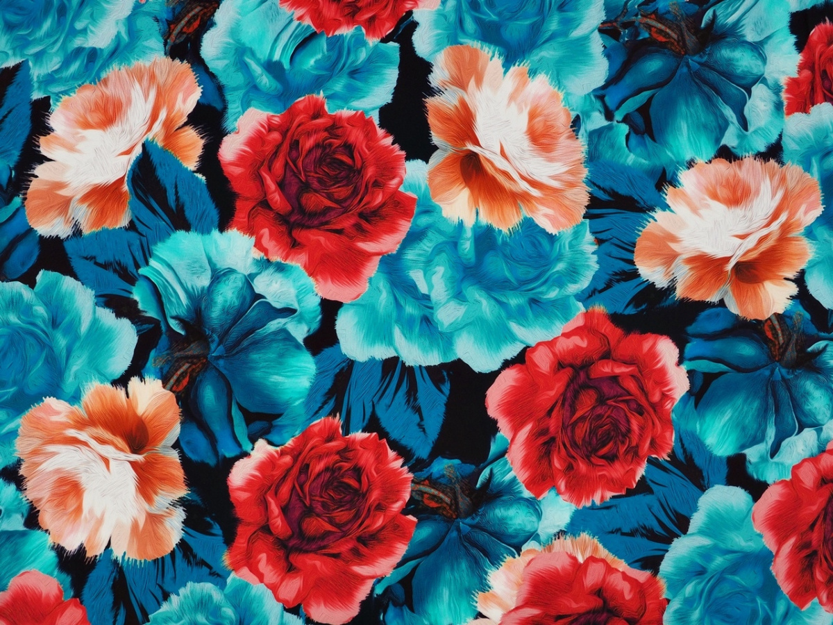 Jedwab elastyczny - Malowane róże niebieski i czerwony