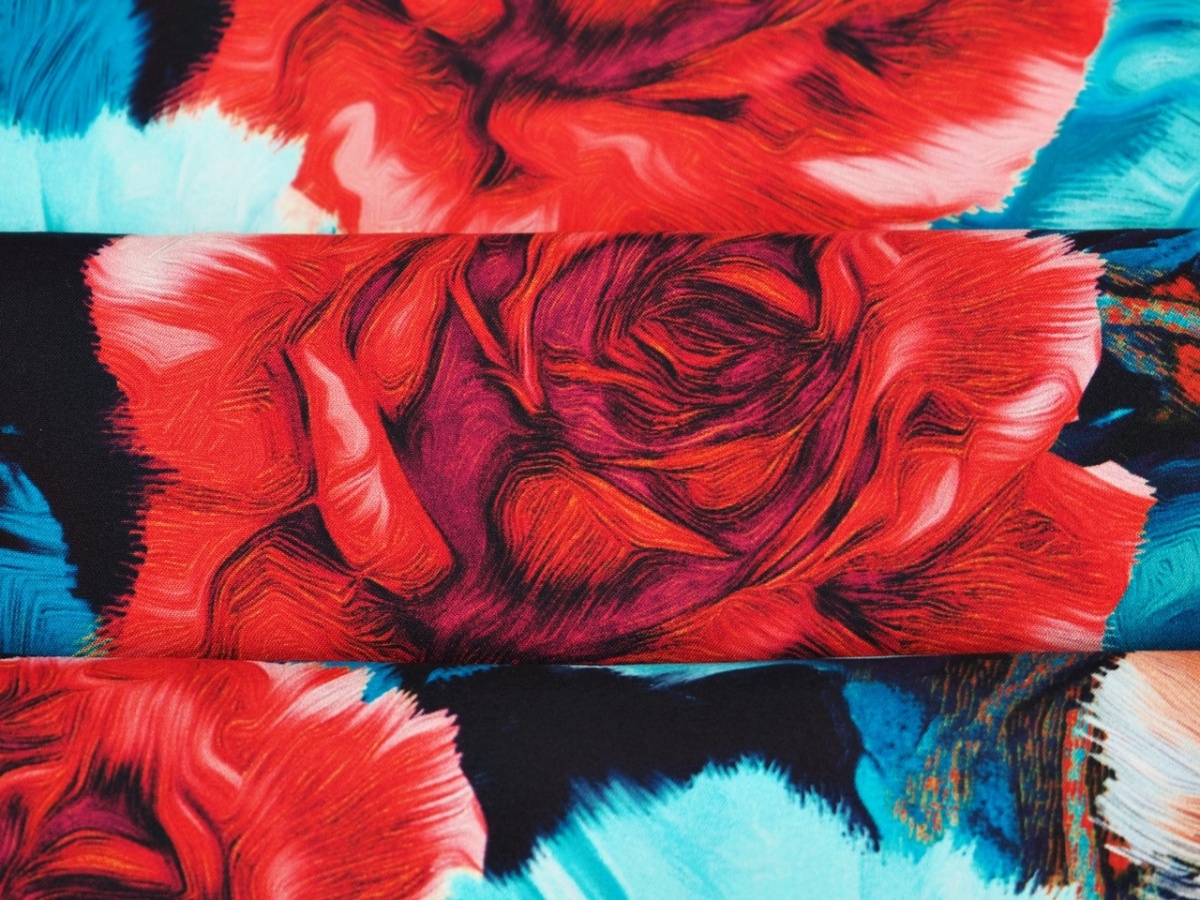 Jedwab elastyczny - Malowane róże niebieski i czerwony