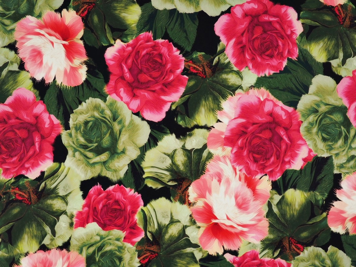 Jedwab elastyczny - Malowane róże zieleń i malina