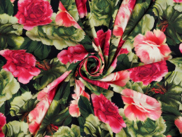 Jedwab elastyczny - Malowane róże zieleń i malina [kupon 1,6 m]