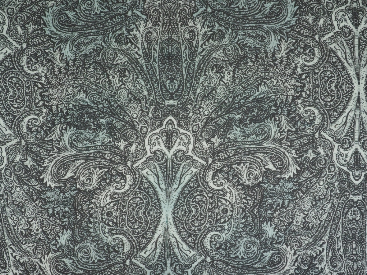 Jedwab szyfon - Czarne ornamenty na seledynie Jedwab szyfon - Czarne ornamenty na seledynie