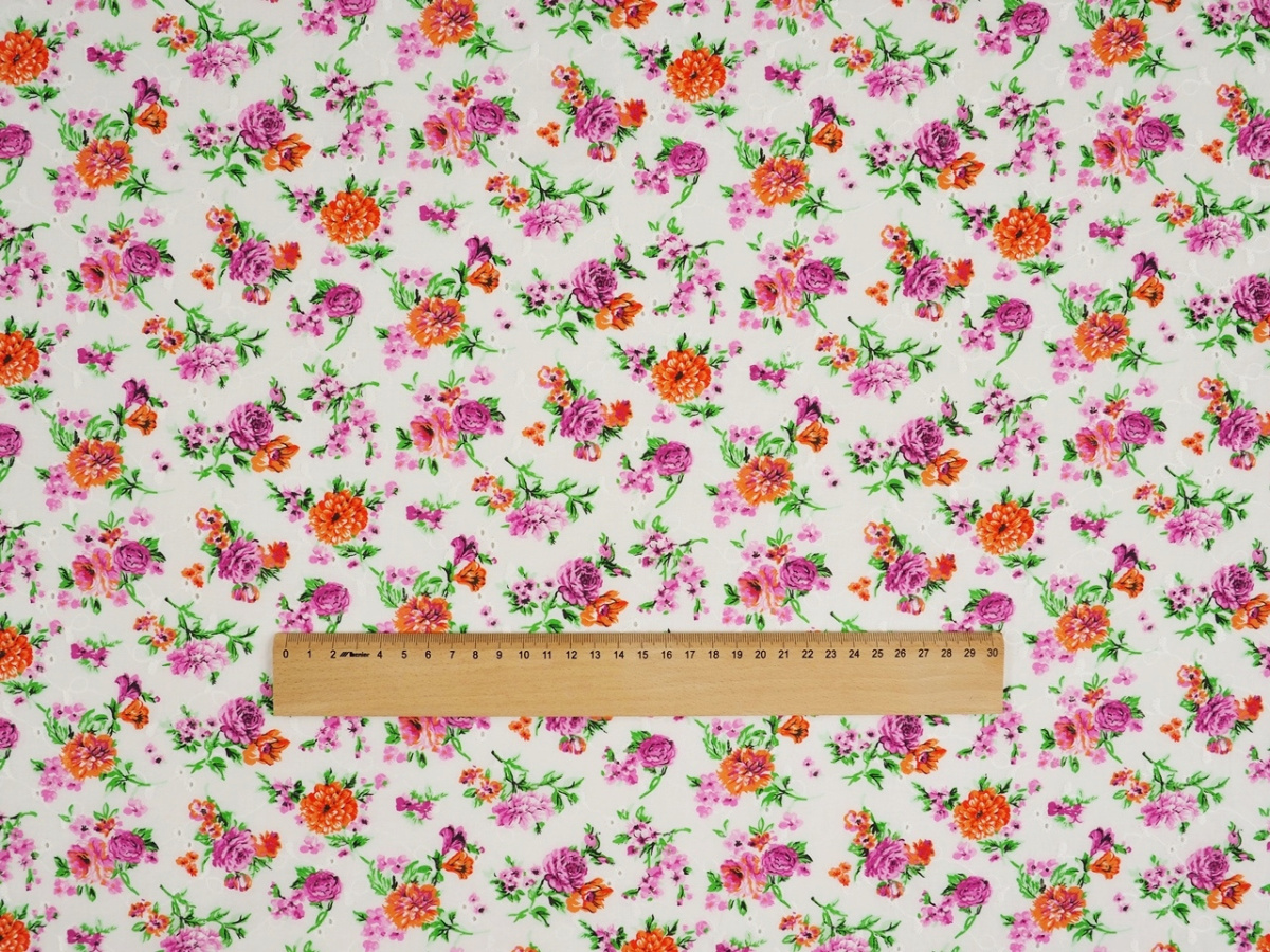 Bawełna ażurowa - Różowe i pomarańczowe kwiaty