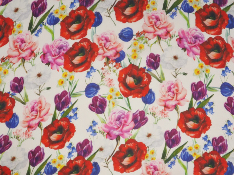 Jedwab szyfon - Tulipany i maki na bieli Jedwab szyfon - Tulipany i maki na bieli