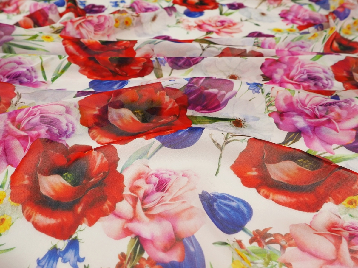 Jedwab szyfon - Tulipany i maki na bieli Jedwab szyfon - Tulipany i maki na bieli