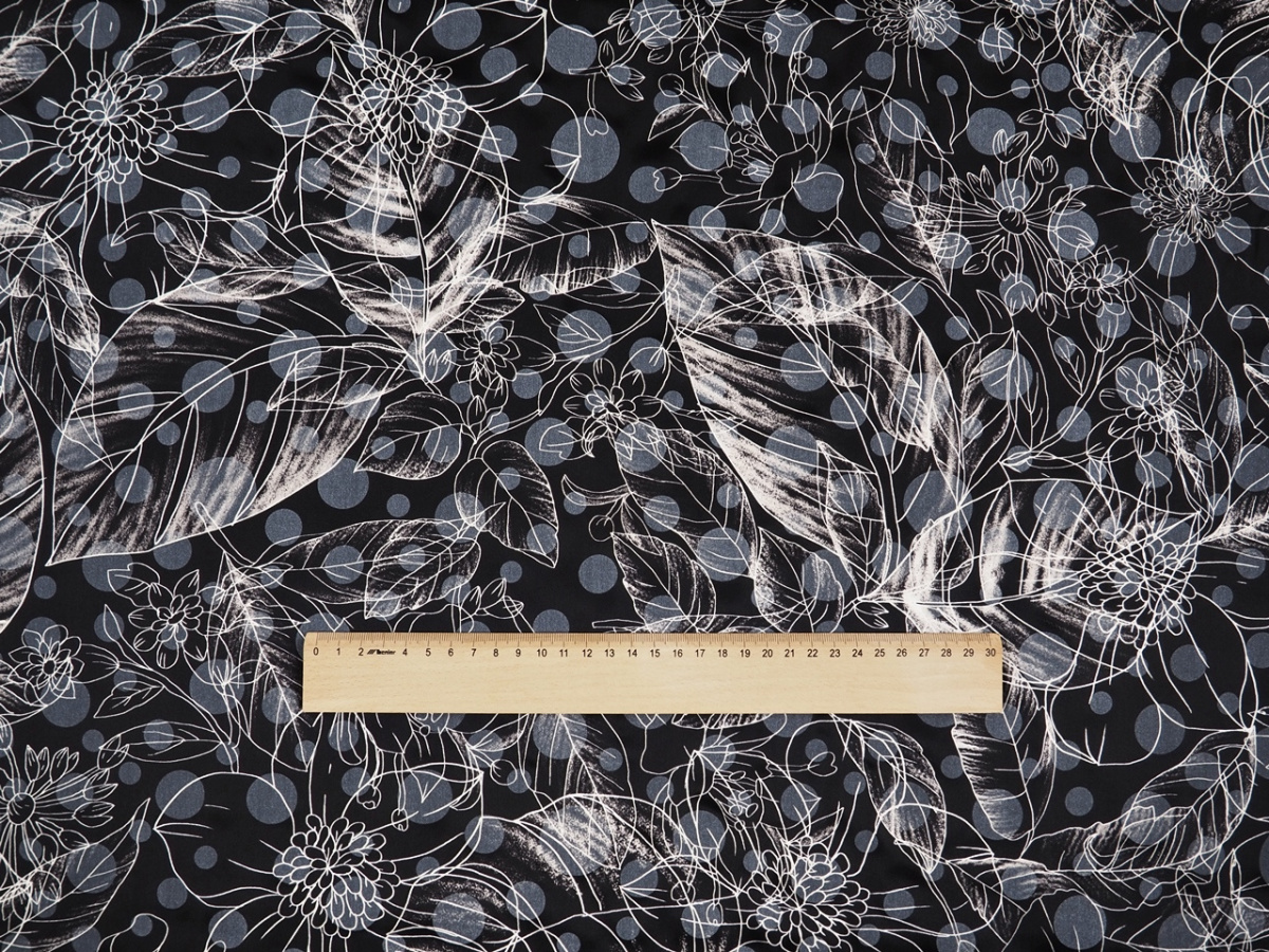 Jedwab wytłaczany - Kwiaty i grochy na czerni
