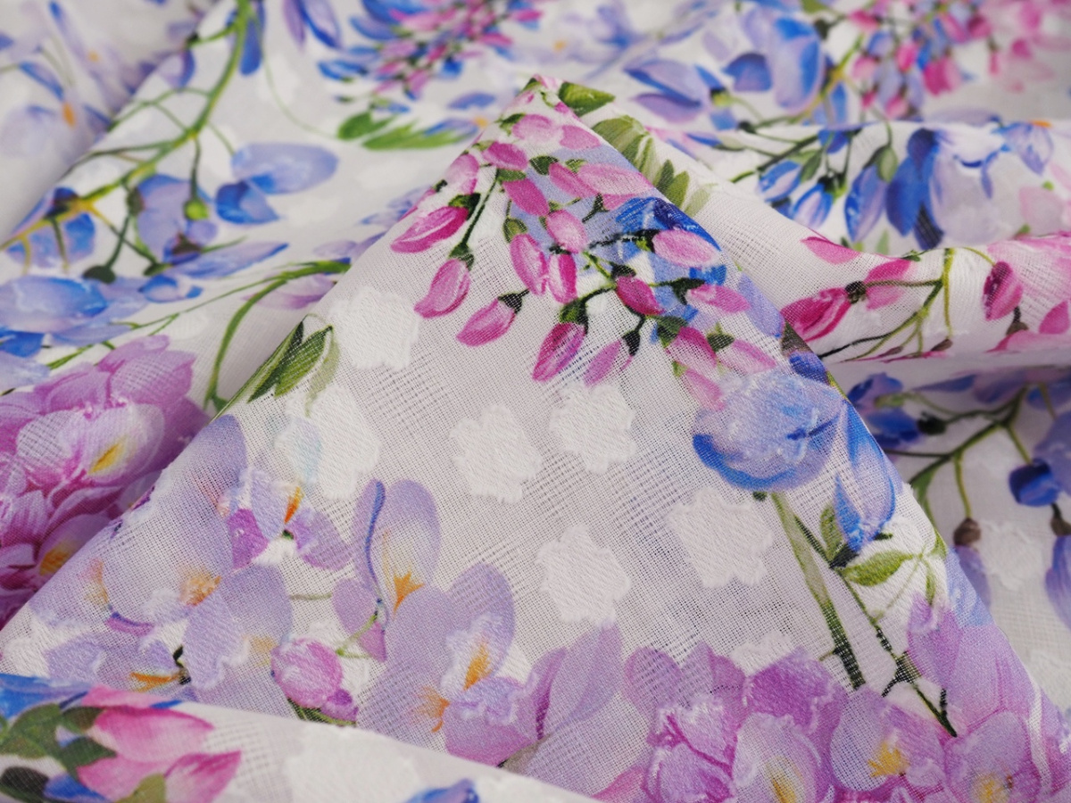 Bawełna devore - Kwiaty akacji na bieli