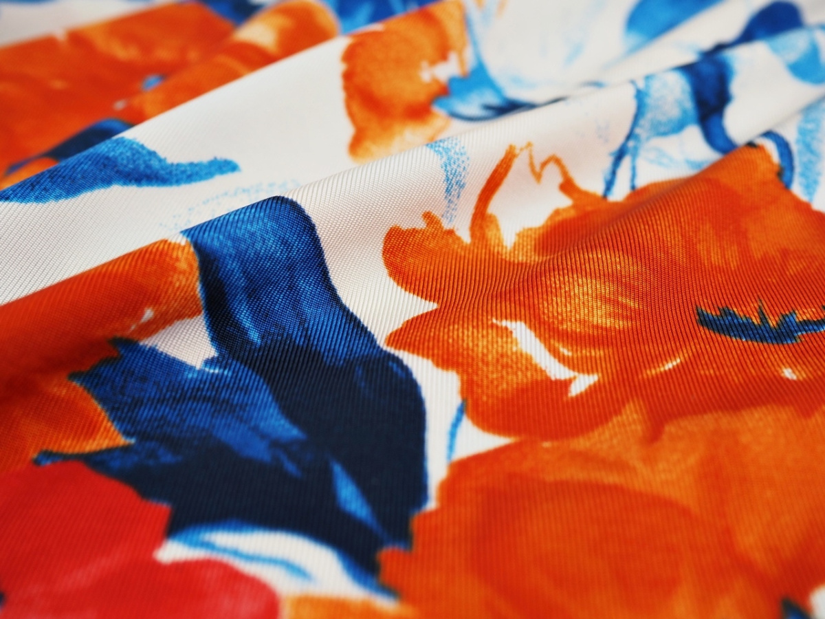 Dzianina wiskozowa - Niebieskie i pomarańczowe kwiaty