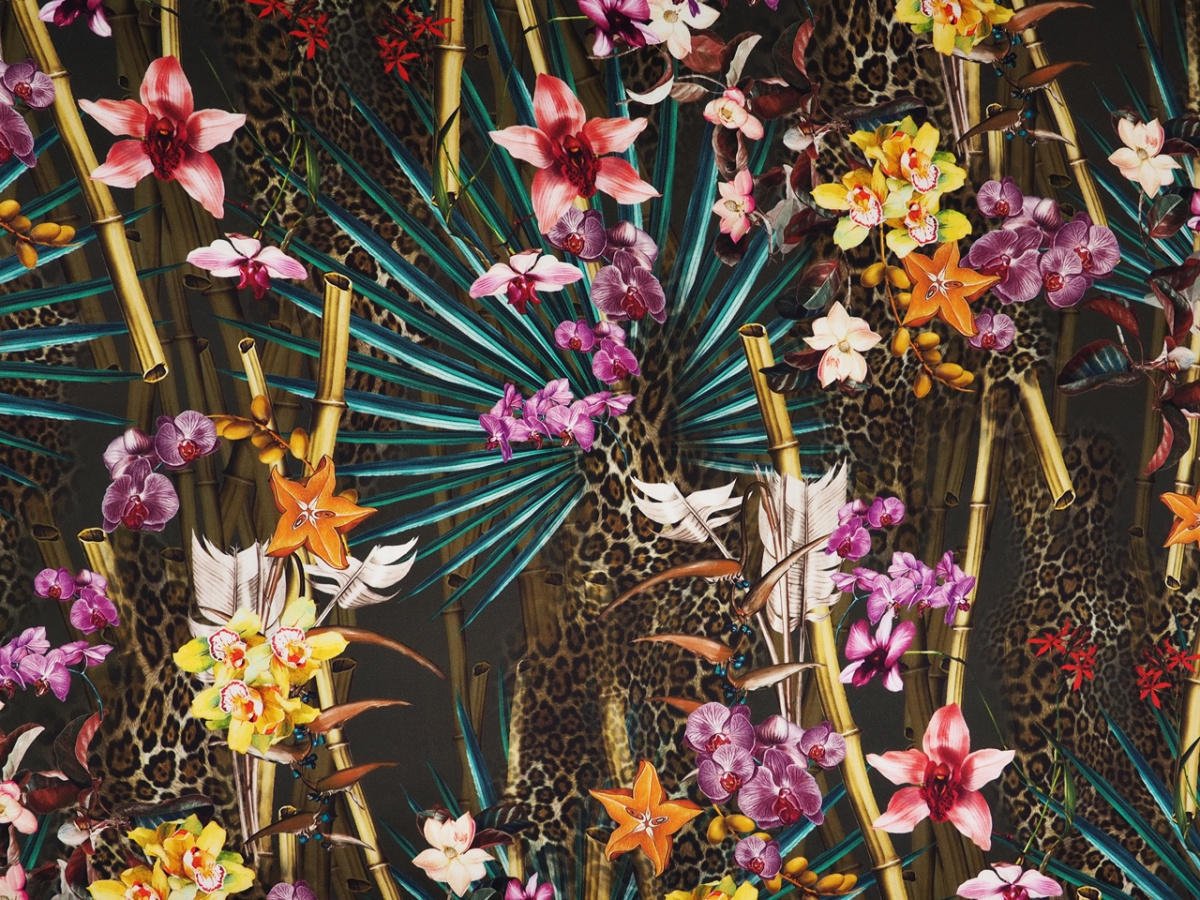 Jedwab satyna - Orchidee, pantera i liście