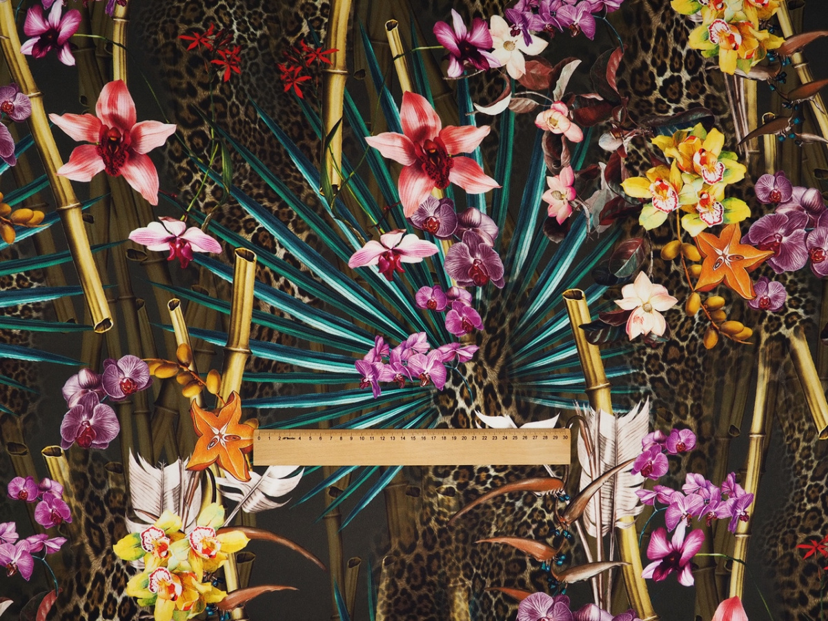 Jedwab satyna - Orchidee, pantera i liście Jedwab satyna - Orchidee, pantera i liście