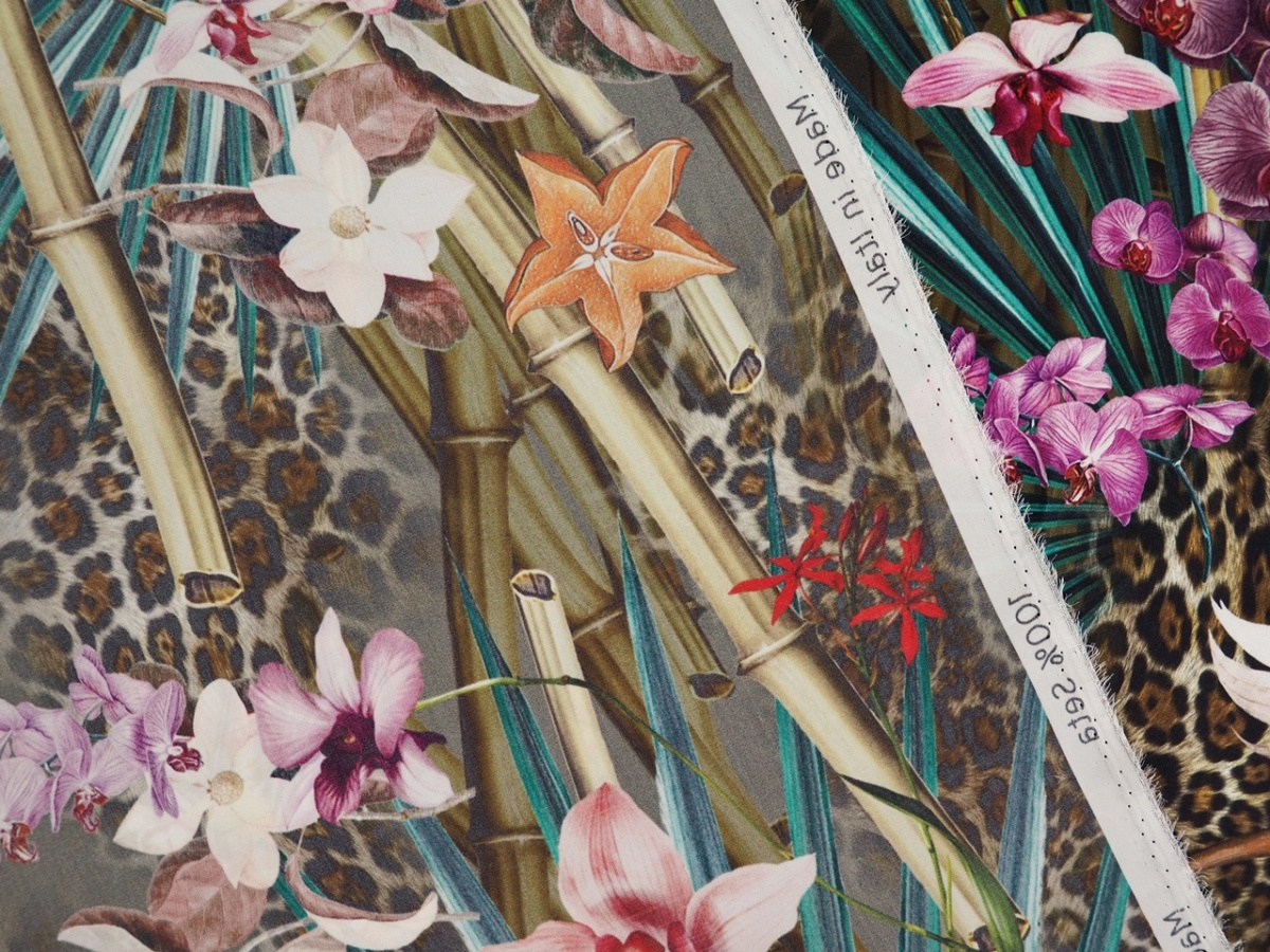 Jedwab satyna - Orchidee, pantera i liście Jedwab satyna - Orchidee, pantera i liście
