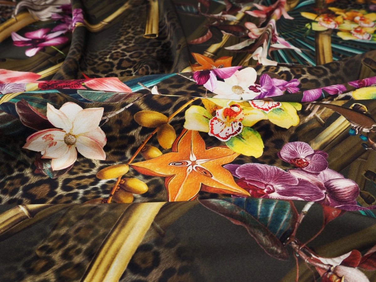 Jedwab satyna - Orchidee, pantera i liście Jedwab satyna - Orchidee, pantera i liście