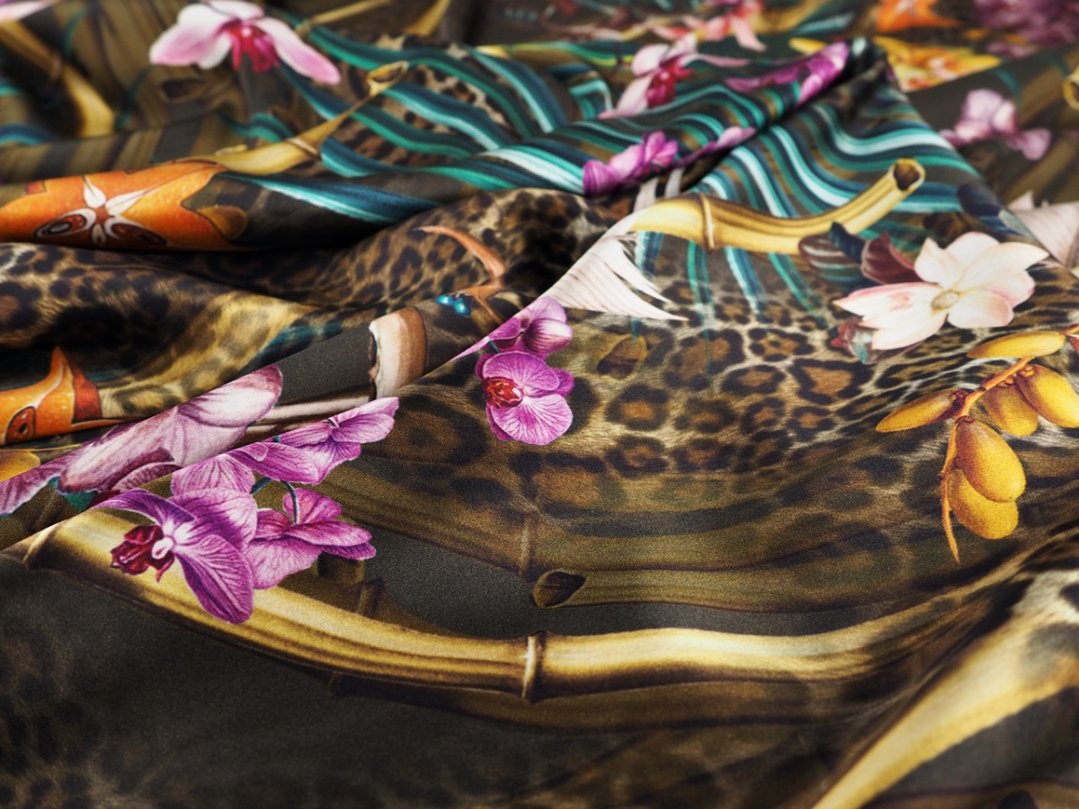 Jedwab satyna - Orchidee, pantera i liście Jedwab satyna - Orchidee, pantera i liście