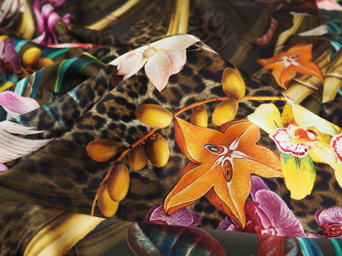 Jedwab satyna - Orchidee, pantera i liście Jedwab satyna - Orchidee, pantera i liście