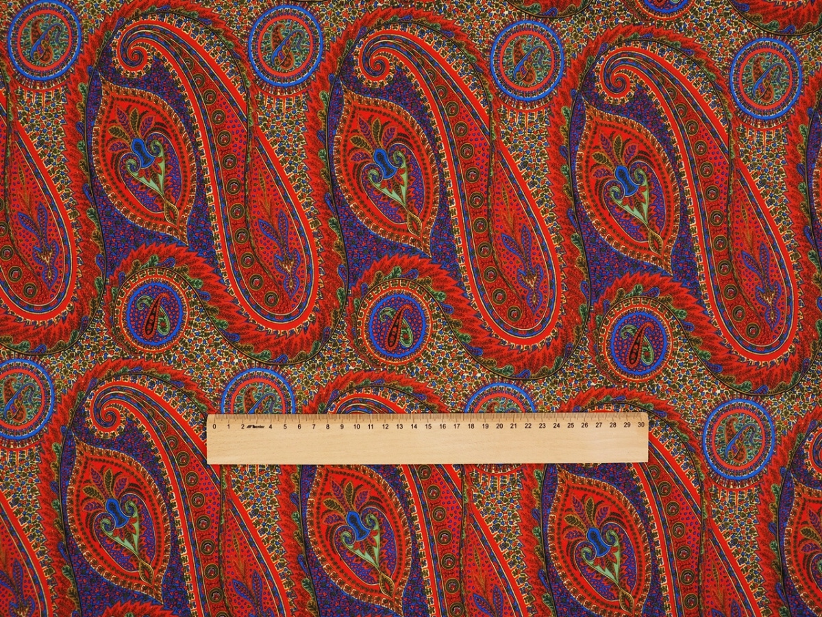 Jedwab elastyczny szyfon - Rudo-niebieski paisley Jedwab elastyczny szyfon - Rudo-niebieski paisley