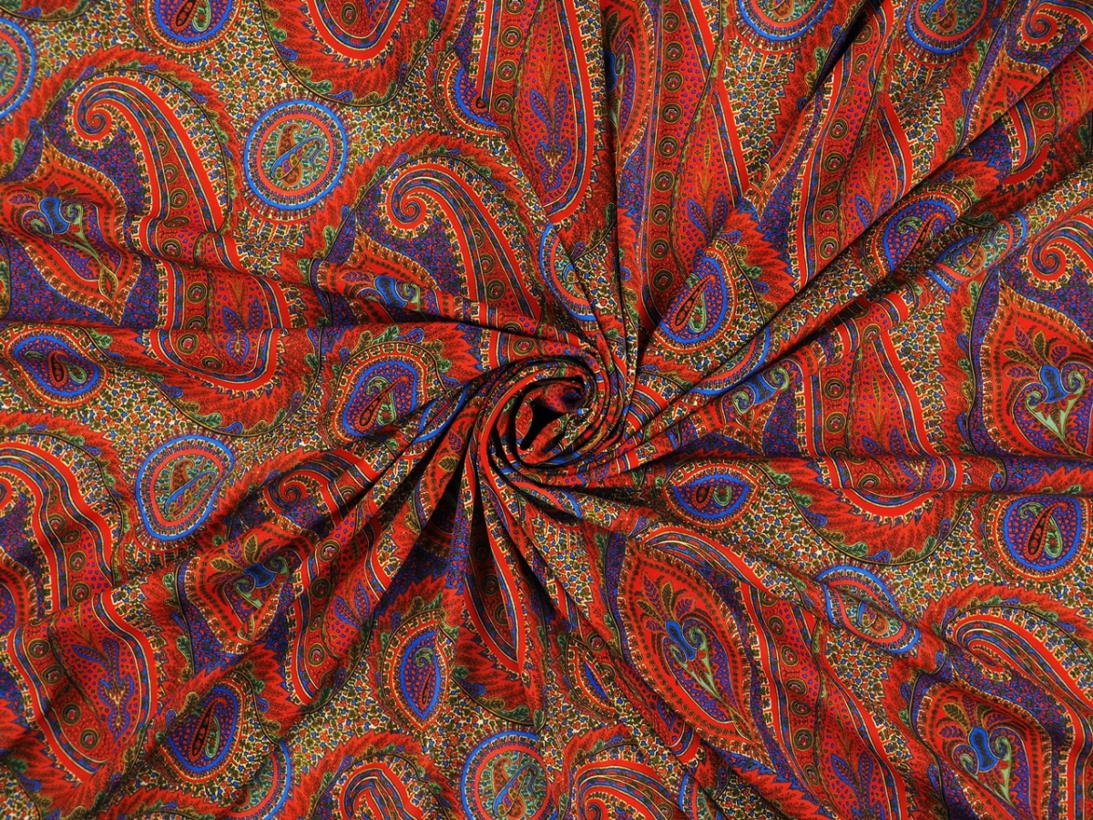 Jedwab elastyczny szyfon - Rudo-niebieski paisley Jedwab elastyczny szyfon - Rudo-niebieski paisley