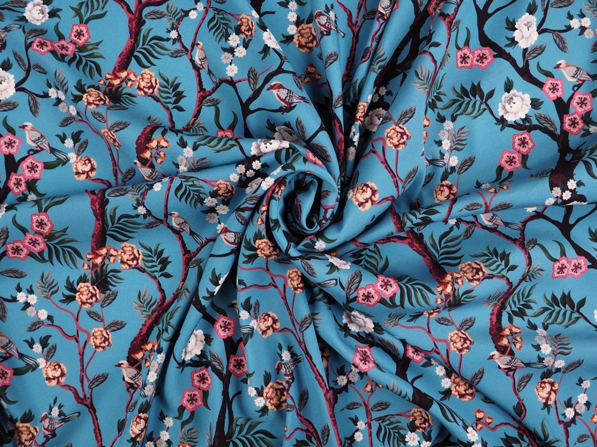 Jedwab elastyczny - Niebieskie tło, kwiaty, ptaki