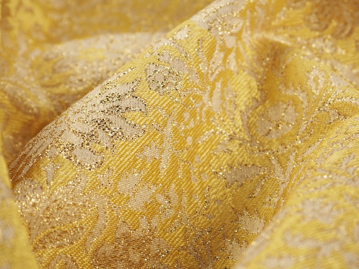 Żakard metaliczny - Złote kwiaty na żółtym tle