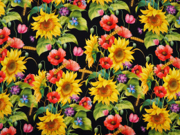Jedwab satyna - Słoneczniki i polne kwiaty na czerni