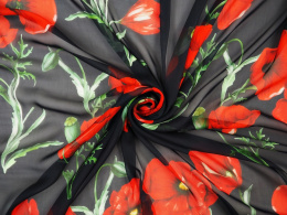 Jedwab szyfon - Czerwone maki na czerni