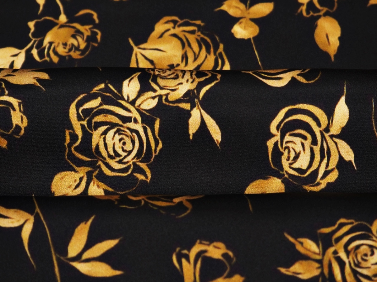 Jedwab satyna - Złote róże na czerni
