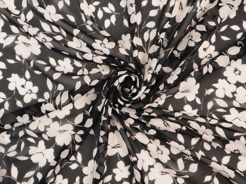 Jedwab szyfon - Kremowe kwiaty na czerni