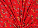 Wiskoza wytłaczana - Rysunkowe kwiaty na czerwieni