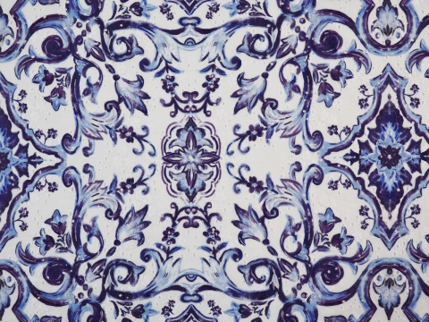 Bawełna ażurowa biała niebieskie ornamenty Bawełna ażurowa biała niebieskie ornamenty