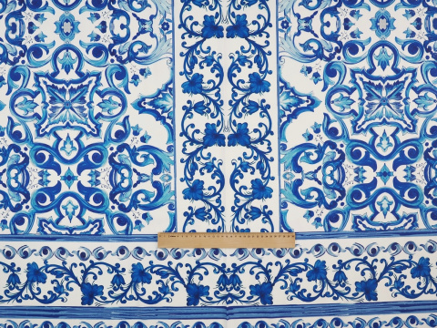 panel bawełna elastyczna niebieskie ornamenty na bieli miarka panel bawełna elastyczna niebieskie ornamenty na bieli miarka