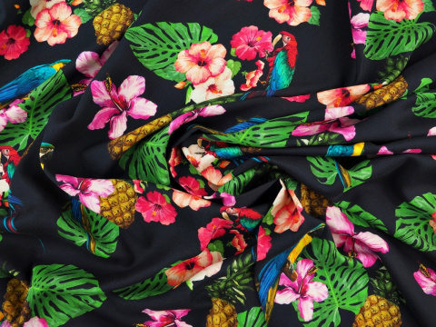 czarna wiskoza hibiskus papugi ananasy czarna wiskoza hibiskus papugi ananasy