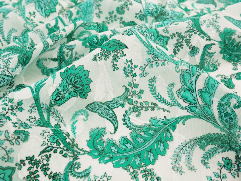 biała bawełna devore w miętowe, roślinne ornamenty i paisley'e biała bawełna devore w miętowe, roślinne ornamenty i paisley'e