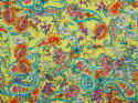 jasno limonkowy jedwab w paisleye i fantazyjne, kolorowe kwiaty