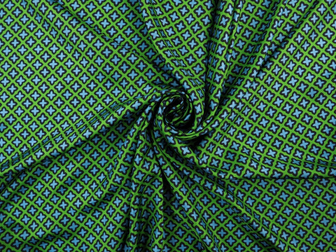zielony jedwab twill w niebieskie, retro koniczynki