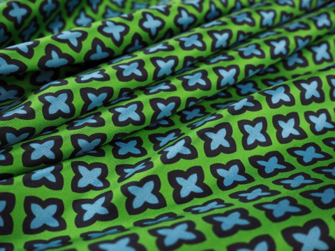 zielony jedwab twill w niebieskie, retro koniczynki zielony jedwab twill w niebieskie, retro koniczynki
