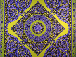 Jedwab twill - Fioletowe ornamenty i oliwkowa pantera [panel 1,4 m]