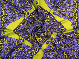 Jedwab twill - Fioletowe ornamenty i oliwkowa pantera [panel 1,4 m]