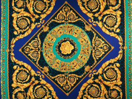 Jedwab twill - Złote ornamenty i niebieska pantera [panel 1,4 m]