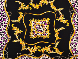 Jedwab krepa - Złote paski i pantera z fioletem [panel 1,3 m]
