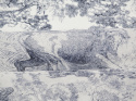 biały jedwab w granatowe ryciny drzew i zwierząt