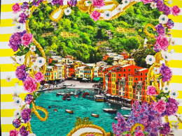Jedwab elastyczny - Portofino i różowe kwiaty [panel 1,4 m]