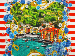 Jedwab elastyczny - Portofino i niebieskie kwiaty [panel 1,4 m]