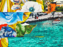 jedwab w widok na miasteczko portowe czerwone pasy rama z niebieskich kwiatów