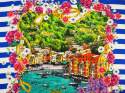 jedwab w widok na portowe miasteczko Portofino niebieskie pasy rama z kwiatów