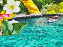 jedwab w widok na portowe miasteczko Portofino niebieskie pasy rama z kwiatów