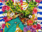 Jedwab elastyczny - Portofino i kolorowe kwiaty [panel 1,4 m]