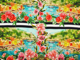 Jedwab elastyczny - Portofino i czarne pasy [panel 1,4 m]