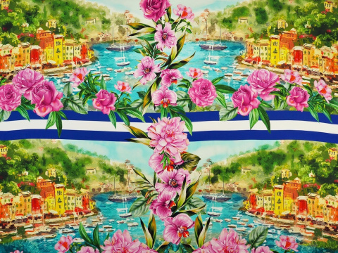 jedwab w krajobrazy Portofino ramka z różowych kwiatów jedwab w krajobrazy Portofino ramka z różowych kwiatów