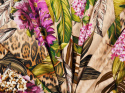 dzianina bawełniana w panterę, liście i fioletowe kwiaty